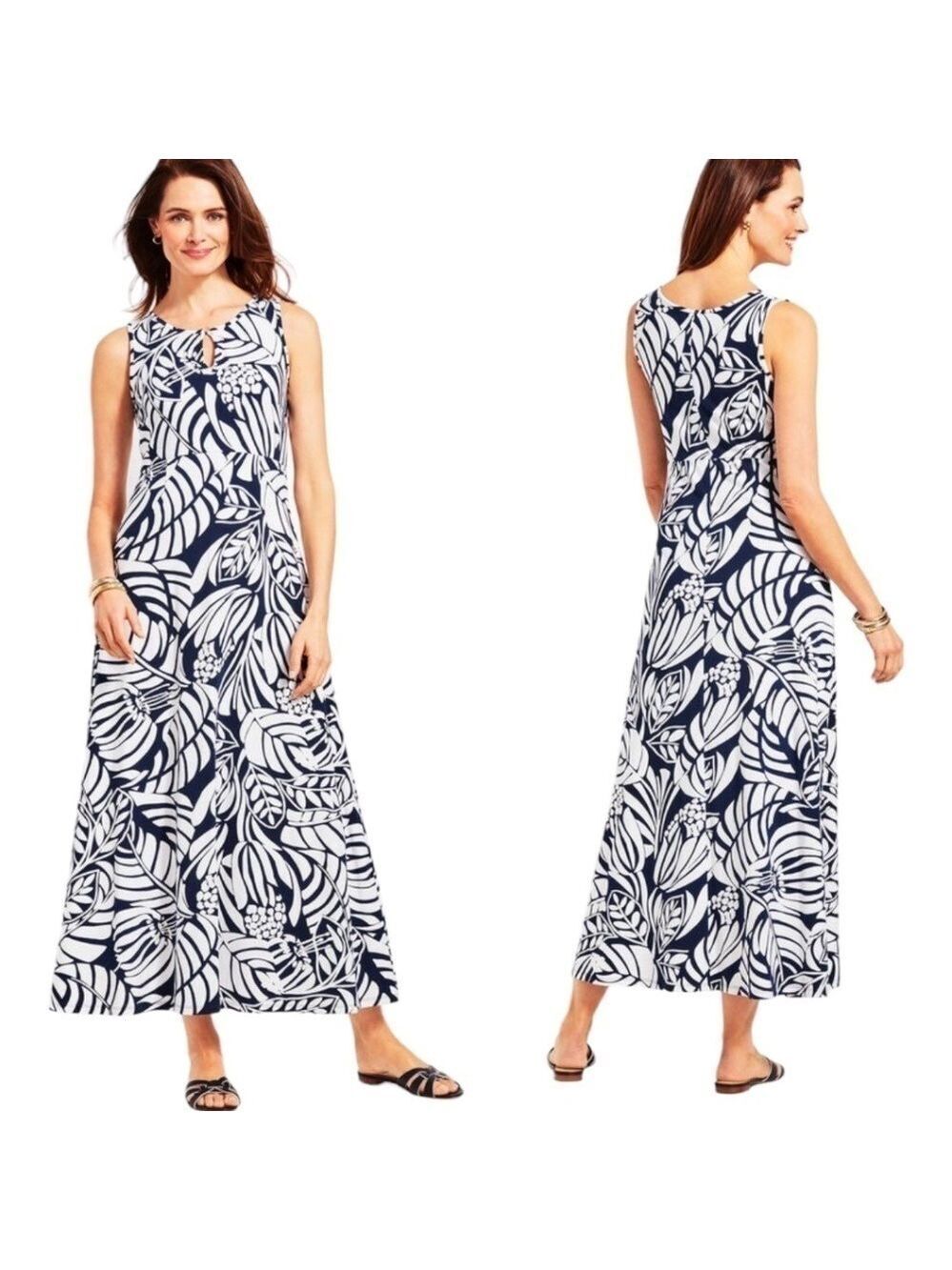 TALBOTS Graphic Botanical Maxi Jersey Knit Dress Back Zipper Black / White Sz M